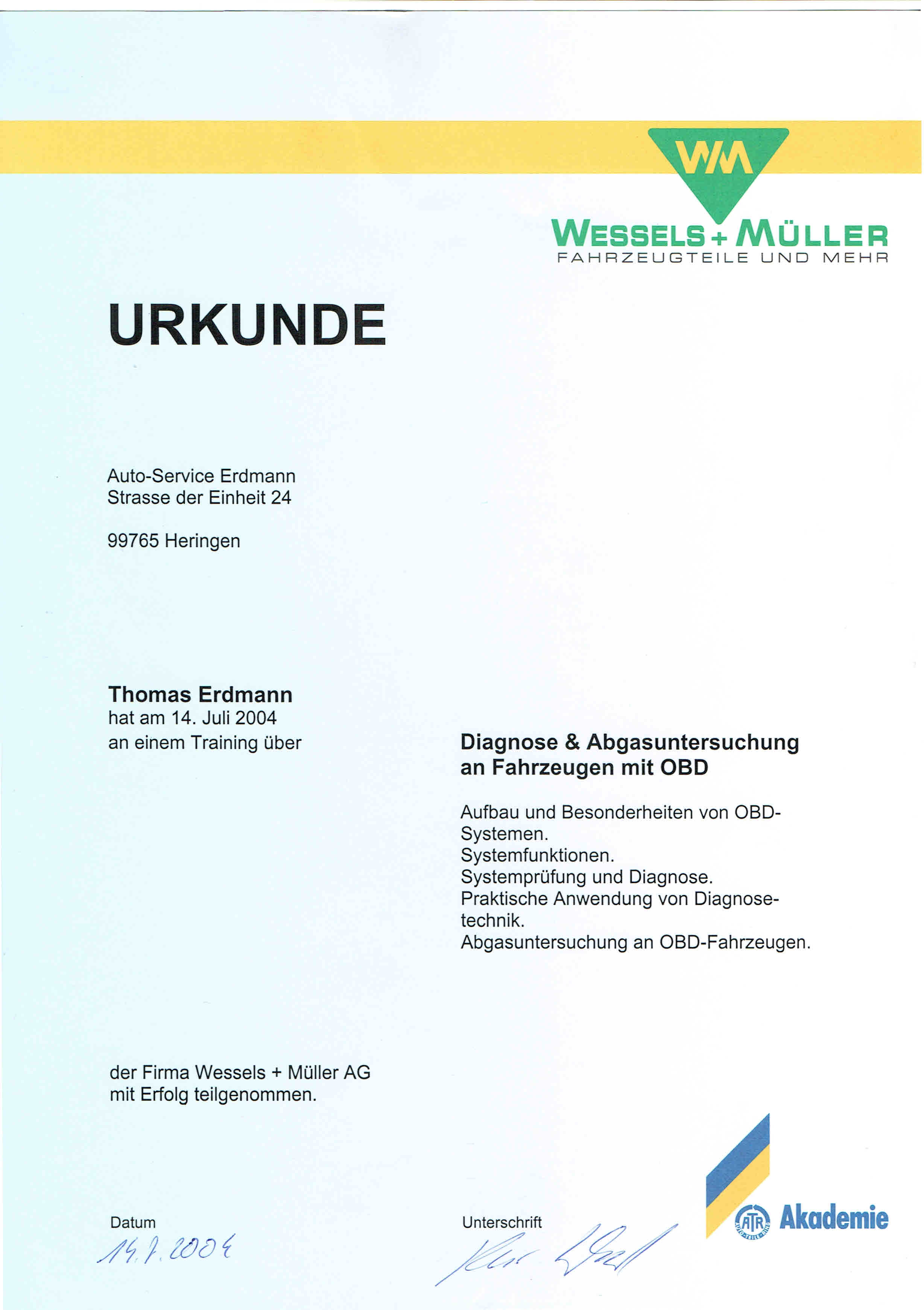 Wessels+ Müller Urkunde 